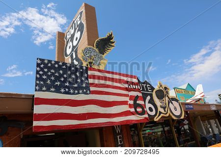 Seligman, USA - July 7, 2017: Decorations in the city of Seligman in Arizona at the historic Route 66 on July 7, 2017. The historic route 66 is now Freeway 40.