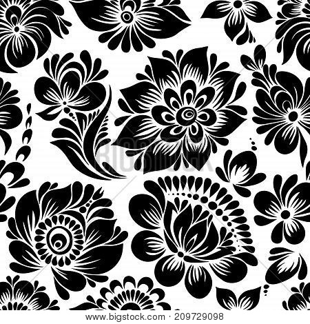 vector seamless black and white pattern with abstract stylized flowers in folk style, hohloma, petrikovka.Ethnic floral ornamental design for textiles, wallpaper, packaging