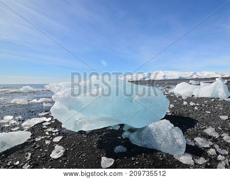 Glacial ice in black sand in Iceland