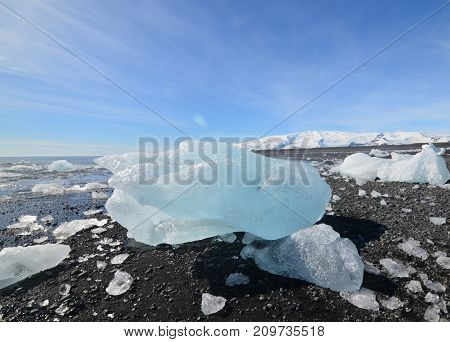 Glacial ice on the shore of a beach