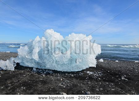 Chunk of an iceberg on the shore of a lagoon