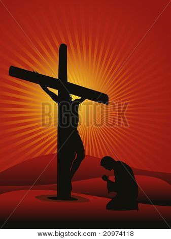 rays background with man praying to jesus, vector illustration