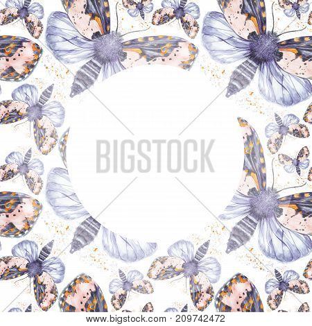 Painted drawing watercolor shaggy butterfly bear seamless pattern, bright coloring, thick body, night butterfly on white background with spray in serene tones with round frame, for decor, print