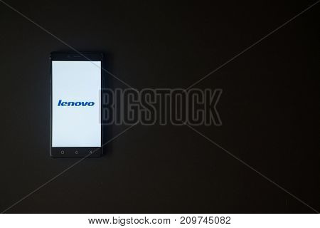 Los Angeles, USA, october 19, 2017: Lenovo logo on smartphone screen on black background.