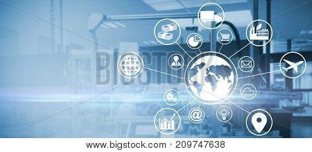 Digital composite image of globe amidst various icons against image of machinery