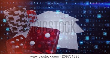 Virus background against stack of red and black gambling chips with playing cards