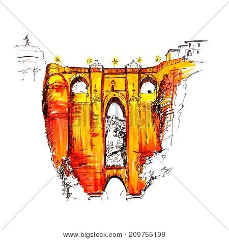 Puente Nuevo or New Bridge over the Tajo Gorge in Ronda, Andalusia, Spain. Picture made liner and markers
