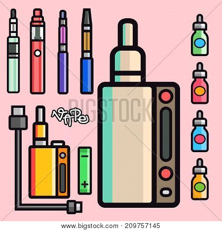 Vape device vector set cigarette vaporizer vapor juice vape bottle flavor illustration battery coil. Trend new culture electronic nicotine liquid. Smoking atomizer device e-liquid.