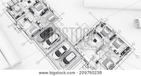 graphical plan of house with furniture and blueprint rolls 3d rendering