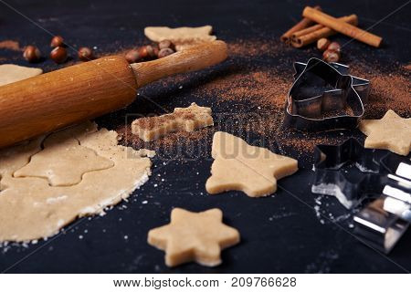 Ingredients for Christmas cooking. Uncooked cookies, doudh, marshmallow, nuts.