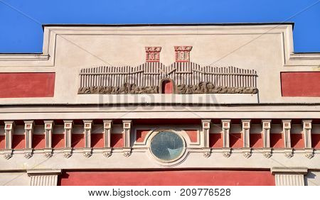 TIMISOARA ROMANIA - 10.02.2017: Old building frontispiece architecture detail