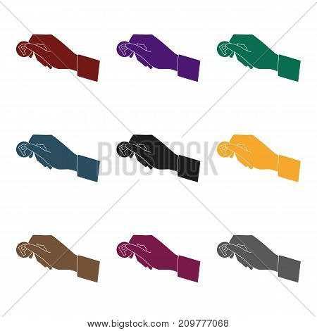 Hand holding coin for parking meter icon in black design isolated on white background. Parking zone symbol stock vector illustration.