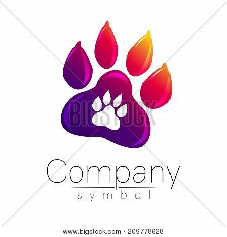 Symbol of pet paw. Animal sign for company, shop, web, medicine, veterinarian and clinic. Vector emblem dog foot. Vioet gradient logo. Bright modern logotype. Isolated on white background.