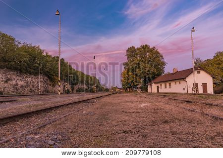 Station Bakov Nad Jizerou In Central Bohemia With Pink Sunset