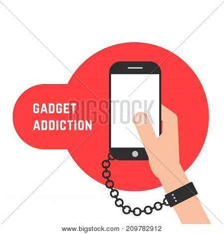 gadget addiction with phone and chain. concept of dependency on white background