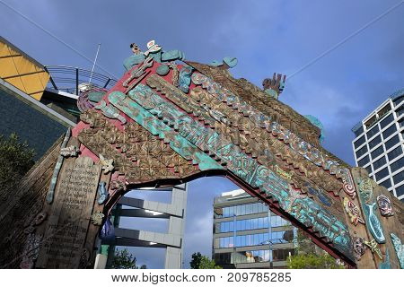 Maori Wood Carving In Aotea Square Auckland