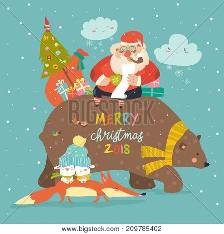 Santa Claus riding on the back of friendly bear. Vector greeting card