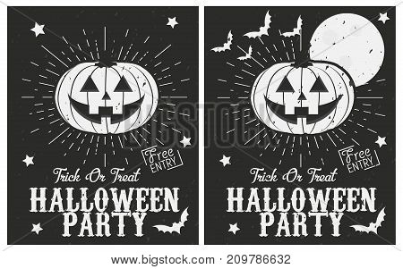Halloween vintage posters set. Halloween party posters - Halloween pumpkin with retro sunburst. Grunge texture can be easily disabled