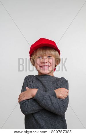 New horisontal portrait of caucasian boy vith hat
