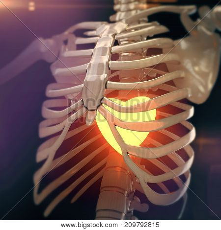 glossy wax looking skeleton ribs with red glowing heart shinig through them. halloween love to death romance gothic metaphor 3d render illustration