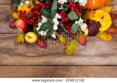 Thanksgiving Background With Rowan, Apples, Yellow Squash, Oak Leaves, Copy Space