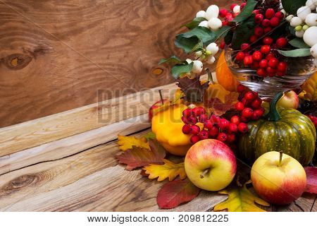 Fall Enterpiece With Rowan Berries, Green Pumpkin, Oak Leaves And Apples, Copy Space