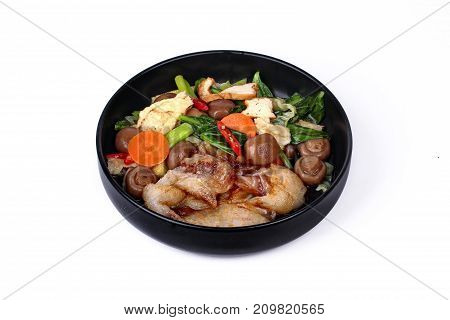 Fried Big Noodle Topped Mixed Vegetables For Organic Food.