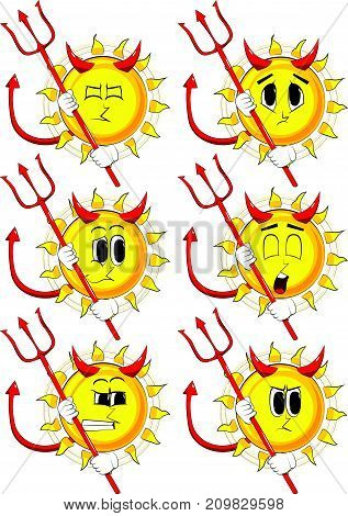 Cartoon devil sun with pitchfork. Collection with sad faces. Expressions vector set.