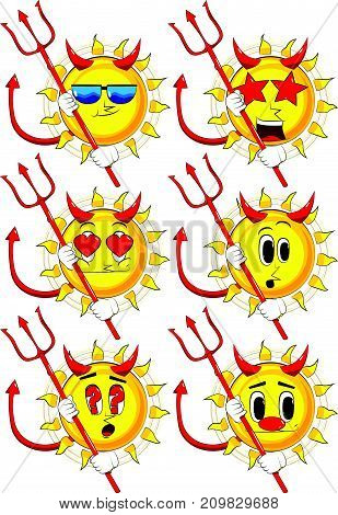 Cartoon devil sun with pitchfork. Collection with various facial expressions. Vector set.