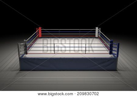 3d rendering of an empty boxing ring in the dark with its center spotlighted. Show night. Boxing match. Late night fighting competition.