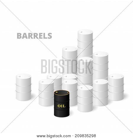 Many white barrels and one black oil barrel. Vector illustration.