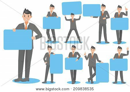 cartoon business man takes billboard on white background