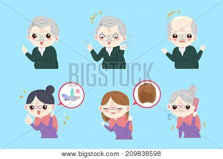 old people with hair concept on the blue background