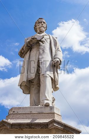 VERONA ITALY - May 25 2017: Monument of Aleardo Aleardi poet politician and patriot of the italian Risorgimento belonging to the current of romanticism a movement in the arts and literature that originated in the late 18th century emphasizing inspiration