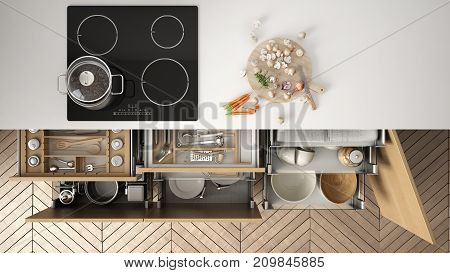 Modern Kitchen Top View, Opened Drawers And Stove With Cooking Pan, Minimalist Interior Design