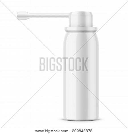 White glossy aluminum bottle with sprayer for oral spray. 40 ml. Photo-realistic packaging mockup template. Side view. Vector illustration.