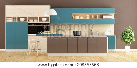 Brown And Blue Modern Kitchen
