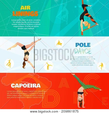 Set of horizontal banners with aerial silks, pole dance and capoeira on bright backgrounds isolated vector illustration