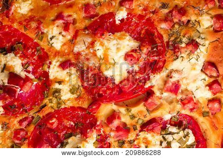 Fresh Pizza Italian Classic Original Tomato, Cheese And Ham Texture Background.