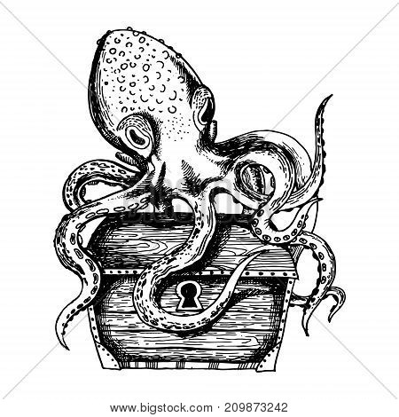 Octopus guards treasure chest engraving vector illustration. Scratch board style imitation. Hand drawn image.