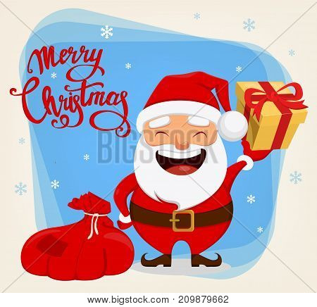 Christmas Santa Claus funny cartoon character. Smiling Santa holding bag with presents and gift box. Vector illustration.