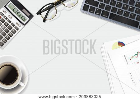 Business vector background with realistic 3D obiects: calculator, keyboard, cup of coffee, glasses, pen.