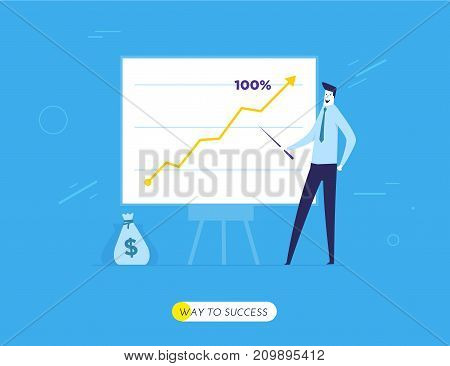 Business coach at the blackboard. Vector eps 10. Training Business School. Cartoon character - cute businessman. Stock vector illustration in flat design.