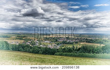 Panoramic view over village Wiersdorf, landscape of Eifel area close to Bitburg, Germany, Europe