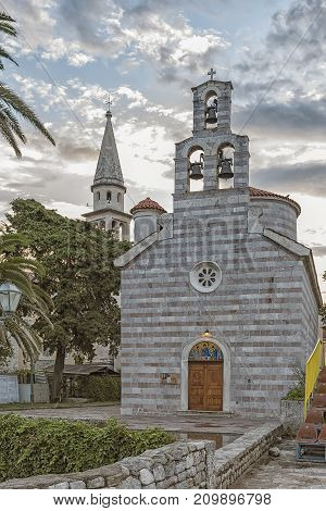 View of the The Holy Trinity Church in the old town of Budva. Montenegro.