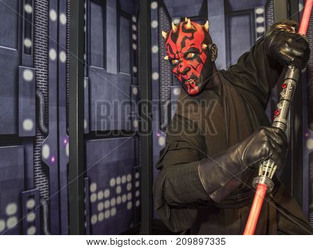 Berlin -March 2017: Dartt Maul wax figure in the Star Wars hall in Madame Tussaud's museum