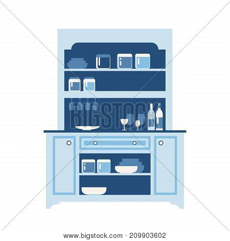 Hutch buffet with dishes of different bottles and glasses, cans and plates. Flat vector.