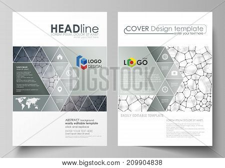 Business templates for brochure, magazine, flyer, booklet or annual report. Cover design template, easy editable vector, abstract flat layout in A4 size. Chemistry pattern, molecular texture, polygonal molecule structure, cell. Medicine, science, microbio