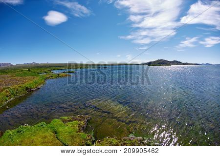 Panoramic view on tne Thingvallavatn lake in Thingvellir National Park, largest natural lake in Iceland. Travel to Iceland.