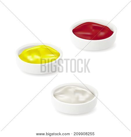 Set Realistic Detailed Sauces in Plate. Ketchup, Cheesy Mustard, Mayonnaise, Vector illustration of Sause